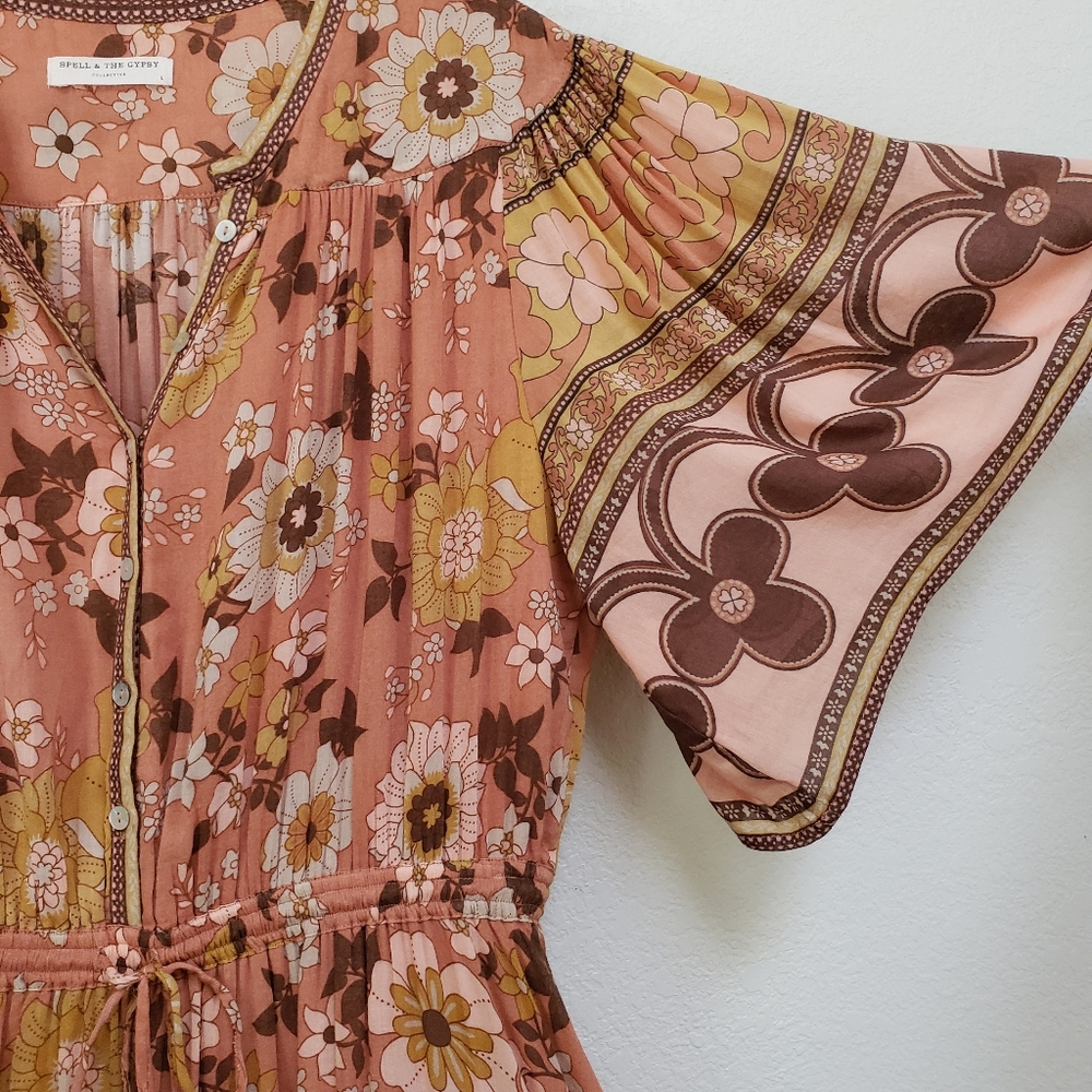 Spell & The Gypsy Buttercup Sunrise Maxi Dress L Floral Bell Sleeve Button Down - Picture 6 of 11